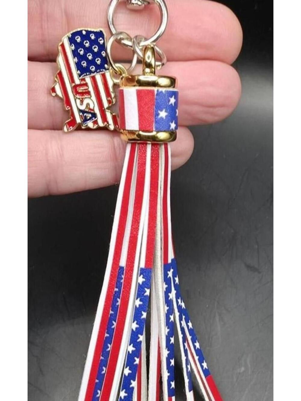USA Flag Heart Keychain Tassel Charm